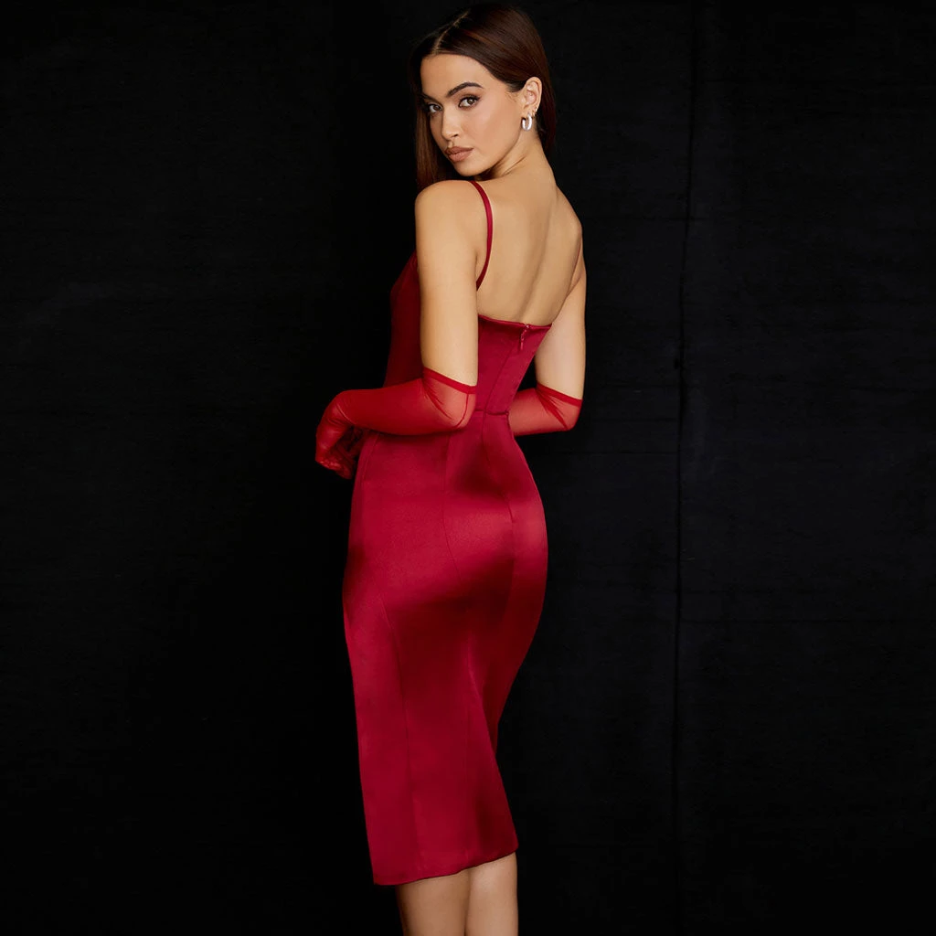 Trendy & Unique Glossy Satin Scoop Neck High Slit Slip Cocktail Midi Dress - Red 6 Trendy & Unique Glossy Satin Scoop Neck High Slit Slip Cocktail Midi Dress - Red