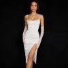 Trendy & Unique What's New Glossy Satin Scoop Neck High Slit Slip Cocktail Midi Dress - White 1 Trendy & Unique What's New Glossy Satin Scoop Neck High Slit Slip Cocktail Midi Dress - White