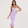 Trendy & Unique Glossy Satin Square Neck Feather Trimmed Slip Cocktail Midi Dress - Lilac
