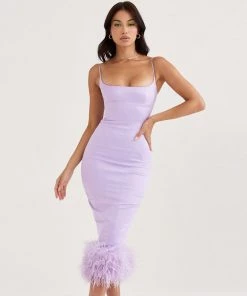 Trendy & Unique Glossy Satin Square Neck Feather Trimmed Slip Cocktail Midi Dress - Lilac