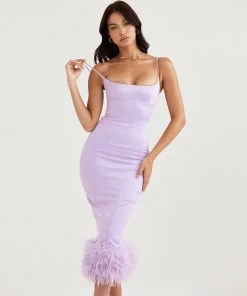 Trendy & Unique Glossy Satin Square Neck Feather Trimmed Slip Cocktail Midi Dress - Lilac