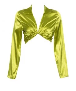 Trendy & Unique Glossy Satin Tied Up Long Sleeve Collared Neck Crop Blouse - Green What's New
