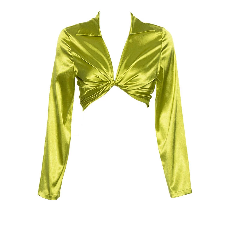 Trendy & Unique Glossy Satin Tied Up Long Sleeve Collared Neck Crop Blouse - Green What's New 4 Trendy & Unique Glossy Satin Tied Up Long Sleeve Collared Neck Crop Blouse - Green What's New