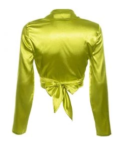 Trendy & Unique Glossy Satin Tied Up Long Sleeve Collared Neck Crop Blouse - Green What's New 8 Trendy & Unique Glossy Satin Tied Up Long Sleeve Collared Neck Crop Blouse - Green What's New