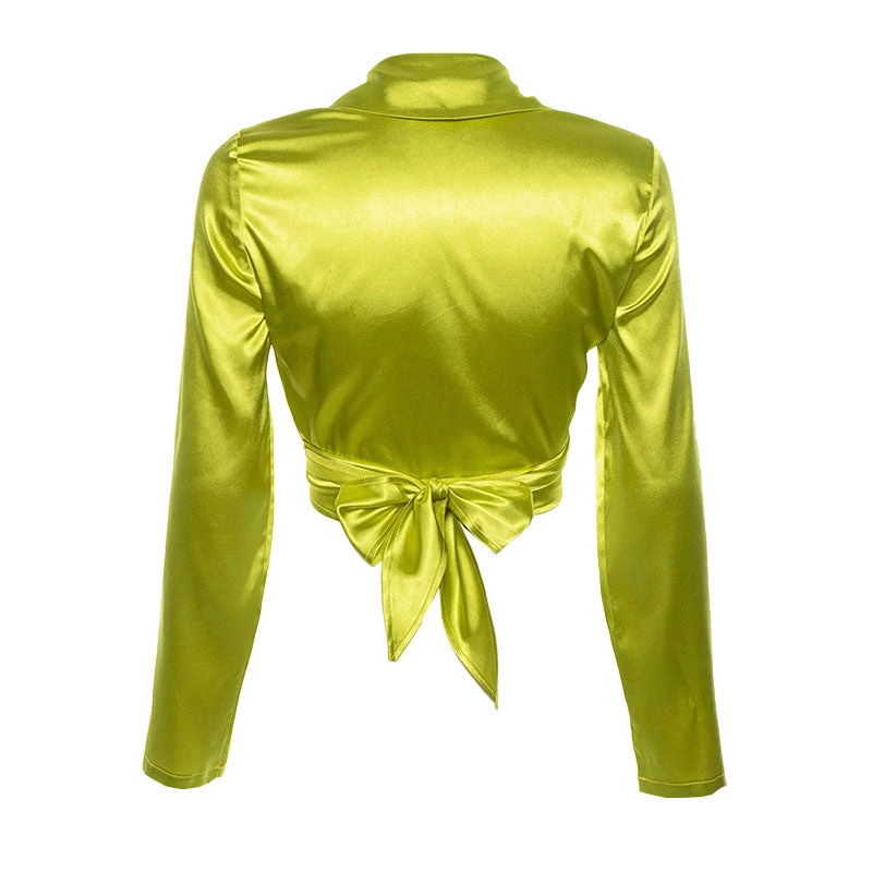 Trendy & Unique Glossy Satin Tied Up Long Sleeve Collared Neck Crop Blouse - Green What's New 5 Trendy & Unique Glossy Satin Tied Up Long Sleeve Collared Neck Crop Blouse - Green What's New