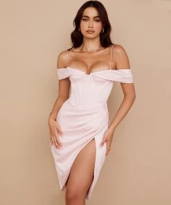 Trendy & Unique What's New Glossy Satin Underwire Corset High Slit Cocktail Midi Dress - Pink