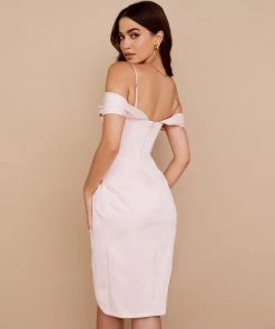 Trendy & Unique What's New Glossy Satin Underwire Corset High Slit Cocktail Midi Dress - Pink