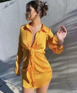 Trendy & Unique Glossy Satin V Neck Knotted Long Sleeve Satin Shirt Mini Dress - Gold What's New