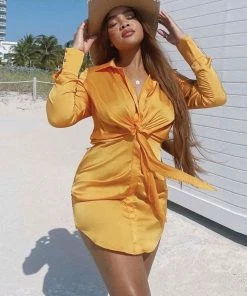 Trendy & Unique Glossy Satin V Neck Knotted Long Sleeve Satin Shirt Mini Dress - Gold What's New