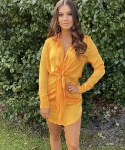 Trendy & Unique Glossy Satin V Neck Knotted Long Sleeve Satin Shirt Mini Dress - Gold What's New
