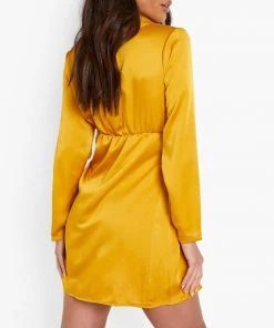 Trendy & Unique Glossy Satin V Neck Knotted Long Sleeve Satin Shirt Mini Dress - Gold What's New