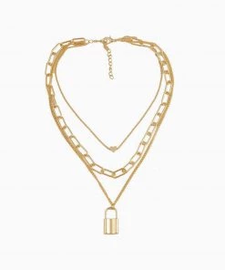 Trendy & Unique Gold Lock Pendant Chain-Link Layered Necklace - Gold