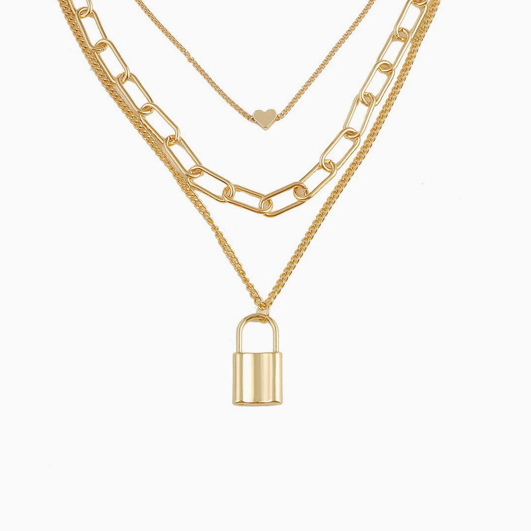 Trendy & Unique Gold Lock Pendant Chain-Link Layered Necklace - Gold 4 Trendy & Unique Gold Lock Pendant Chain-Link Layered Necklace - Gold