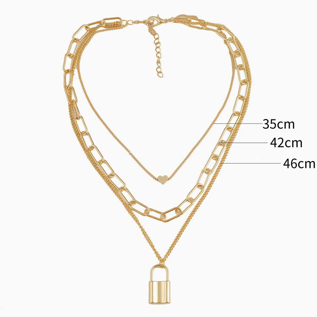Trendy & Unique Gold Lock Pendant Chain-Link Layered Necklace - Gold 5 Trendy & Unique Gold Lock Pendant Chain-Link Layered Necklace - Gold