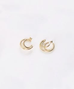 Trendy & Unique Glossy Gold Tone Plated Triple Circle Double Hoop Earrings - Gold