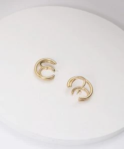 Trendy & Unique Glossy Gold Tone Plated Triple Circle Double Hoop Earrings - Gold