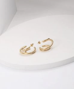 Trendy & Unique Glossy Gold Tone Plated Triple Circle Double Hoop Earrings - Gold
