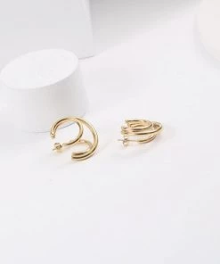Trendy & Unique Glossy Gold Tone Plated Triple Circle Double Hoop Earrings - Gold