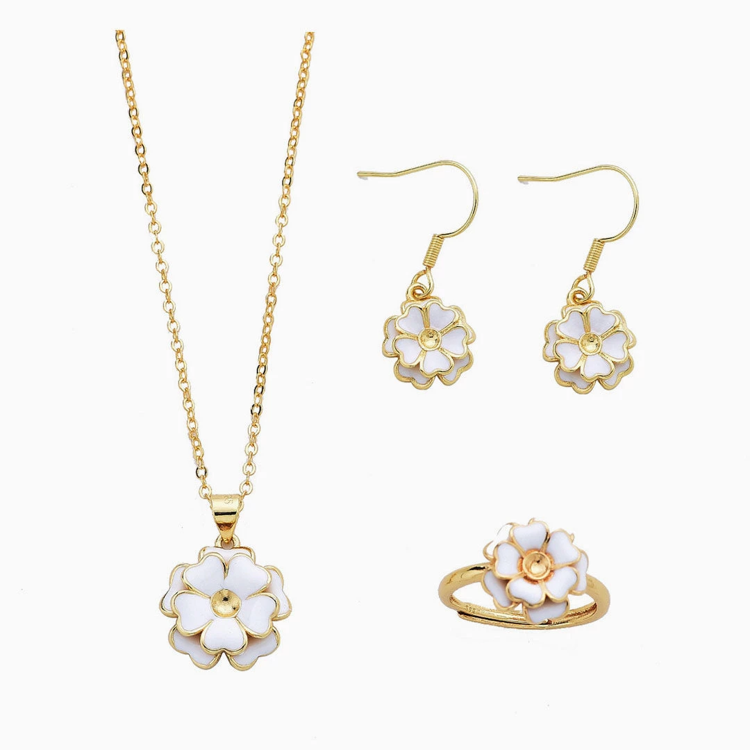 Trendy & Unique Celebrity Style Gold Tone 3D Petal Charm Jewelry Set - White What's New 3 Trendy & Unique Celebrity Style Gold Tone 3D Petal Charm Jewelry Set - White What's New