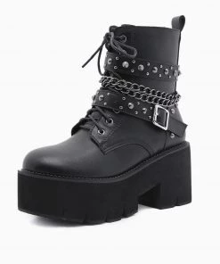 Trendy & Unique Gothic Punk Studs Buckle Strap Chain-Link Platform Boots - Black What's New
