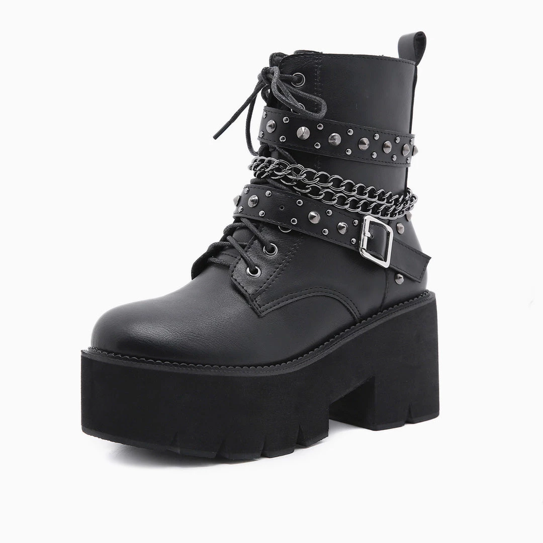Trendy & Unique Gothic Punk Studs Buckle Strap Chain-Link Platform Boots - Black What's New 3 Trendy & Unique Gothic Punk Studs Buckle Strap Chain-Link Platform Boots - Black What's New