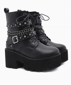 Trendy & Unique Gothic Punk Studs Buckle Strap Chain-Link Platform Boots - Black What's New