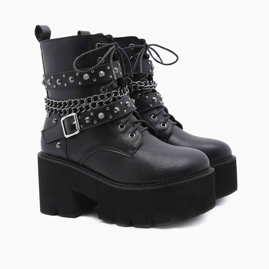 Trendy & Unique Gothic Punk Studs Buckle Strap Chain-Link Platform Boots - Black What's New 4 Trendy & Unique Gothic Punk Studs Buckle Strap Chain-Link Platform Boots - Black What's New