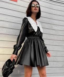 Trendy & Unique What's New Gothic Style Peter Pan Long Sleeve Leather Mini Dress - Black