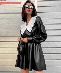 Trendy & Unique What's New Gothic Style Peter Pan Long Sleeve Leather Mini Dress - Black