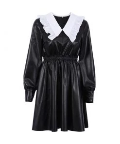 Trendy & Unique What's New Gothic Style Peter Pan Long Sleeve Leather Mini Dress - Black