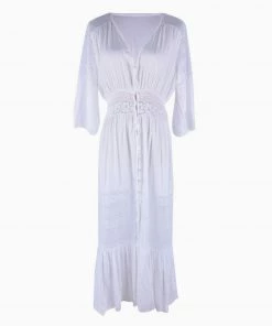 Trendy & Unique What's New Boho Style Deep V Button Up Sleeved Lace Panel Midi Cover Up - White