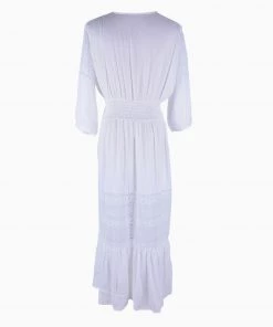 Trendy & Unique What's New Boho Style Deep V Button Up Sleeved Lace Panel Midi Cover Up - White