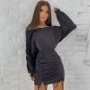 Trendy & Unique Iconic Style Boat Shoulder Long Sleeve Ruched Mini Dress - Black What's New