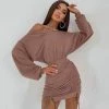 Trendy & Unique Iconic Style Boat Shoulder Long Sleeve Ruched Mini Dress - Coffee
