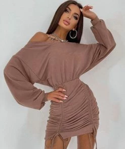 Trendy & Unique Iconic Style Boat Shoulder Long Sleeve Ruched Mini Dress - Coffee