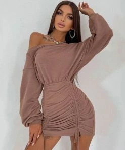 Trendy & Unique Iconic Style Boat Shoulder Long Sleeve Ruched Mini Dress - Coffee
