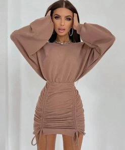 Trendy & Unique Iconic Style Boat Shoulder Long Sleeve Ruched Mini Dress - Coffee