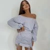 Trendy & Unique What's New Iconic Style Boat Shoulder Long Sleeve Ruched Mini Dress - Light Gray