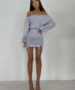 Trendy & Unique What's New Iconic Style Boat Shoulder Long Sleeve Ruched Mini Dress - Light Gray