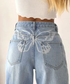 Trendy & Unique What's New Iconic Style Butterfly Printed High Waist Straight Leg Jeans - Blue