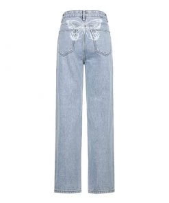 Trendy & Unique What's New Iconic Style Butterfly Printed High Waist Straight Leg Jeans - Blue