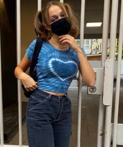 Trendy & Unique Iconic Style Sweetheart Print Short Sleeve Crop T-shirt - Blue