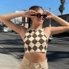 Trendy & Unique Leisure Style Argyll Print Crew Neck Crop Tank Top - Coffee