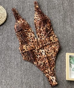 Trendy & Unique What's New Leopard Printed Belted Deep V Neck High Cut One Piece Swimsuit - Coffee
