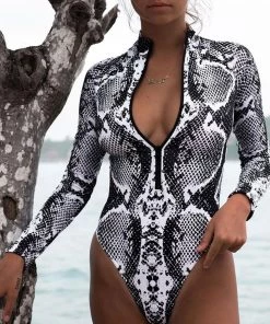 Trendy & Unique Long Sleeve Printed Cutout Rash Guard One Piece Swimsuit - Snake