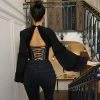 Trendy & Unique What's New Glossy Satin Bishop Sleeve V Neck Lace Up Back Blouse - Black