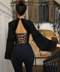 Trendy & Unique What's New Glossy Satin Bishop Sleeve V Neck Lace Up Back Blouse - Black