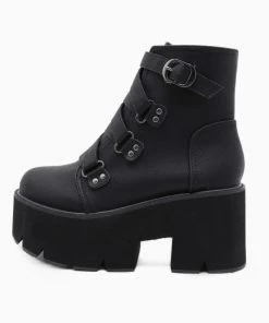Trendy & Unique Punk Lug Sole Buckle Strap Chunky Heel Platform Boots - Black What's New