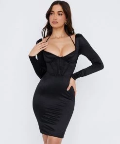 Trendy & Unique Luxury Halter Neck Long Sleeve Satin Corset Midi Dress - Black What's New