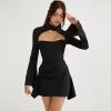 Trendy & Unique What's New Luxury High Neck Cut Out Long Sleeve Draped Satin Mini Dress - Black